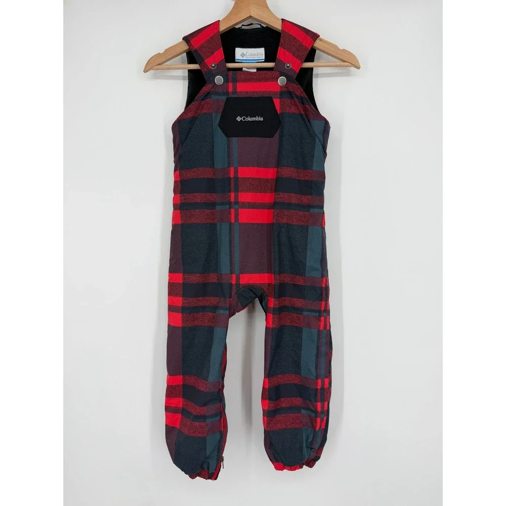 Columbia Toddler Plaid Snow Overalls Bib Pants Fleece Lined 4T Red Gray